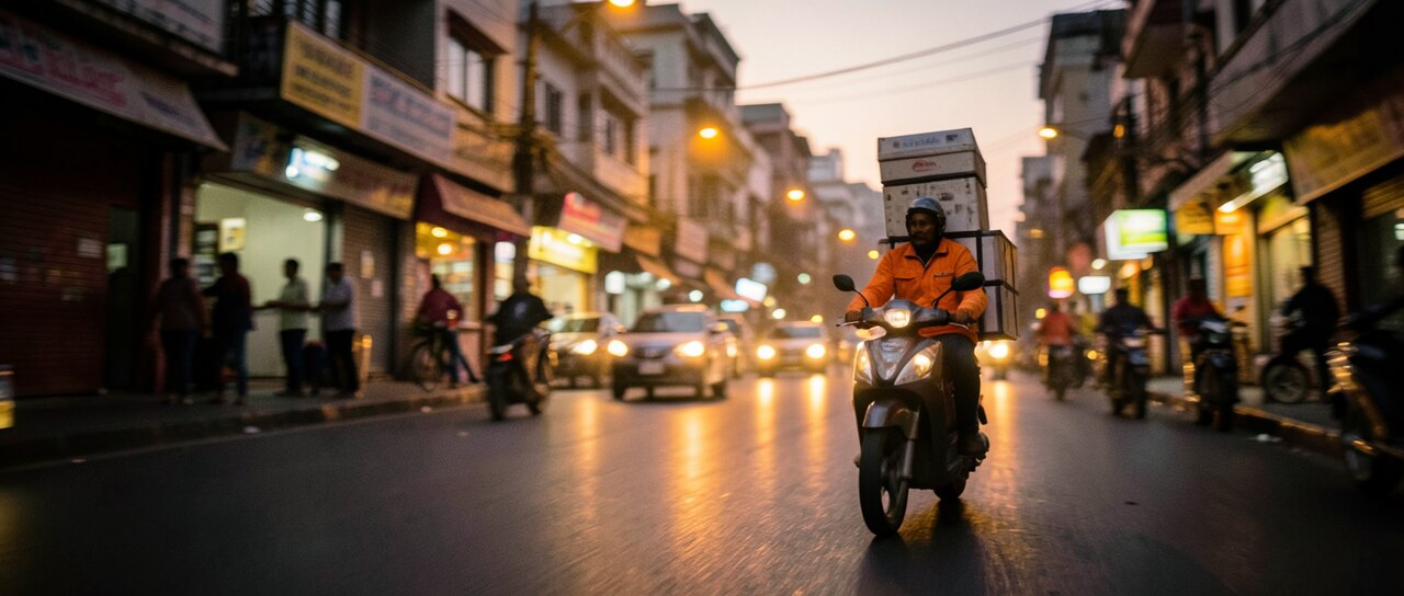 A Foodysh rider on a scooter in a lit Nashik street at dusk