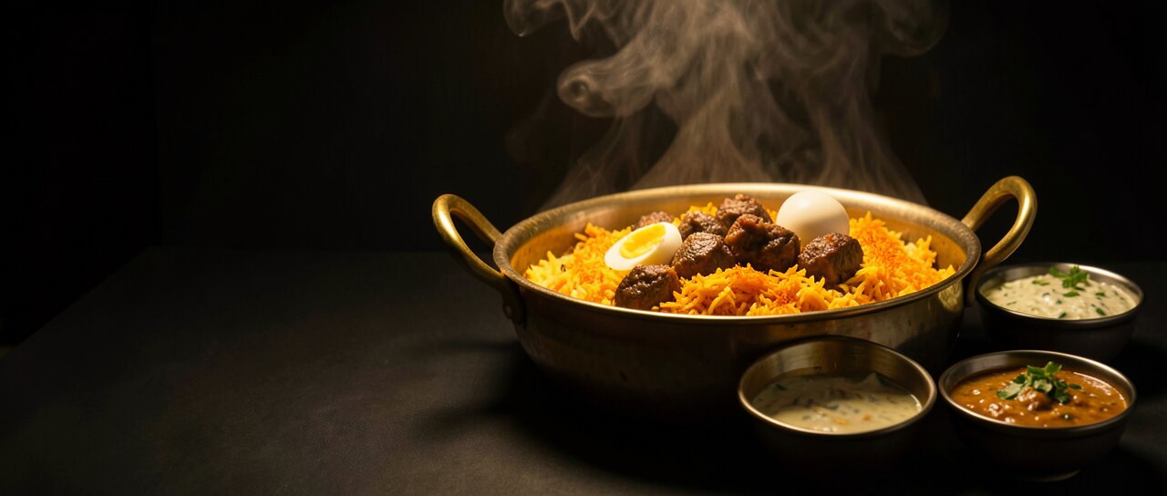 Hyderabadi biryani steaming in a brass handi
