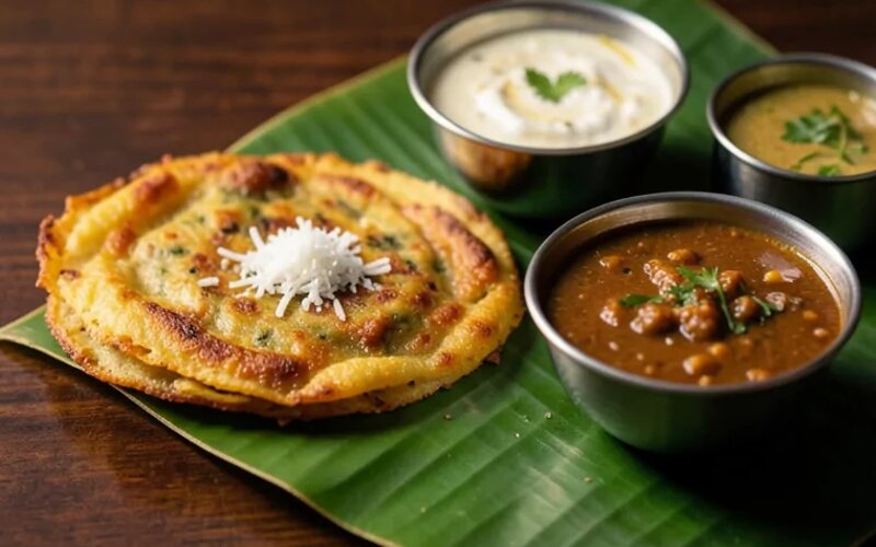 Crisp masala dosa with chutney and sambar